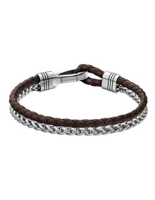 Stainless Steel & Brown Leather Men's Chain & Leather Bracelet
