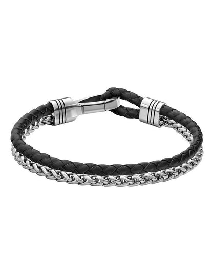 Stainless Steel & Brown Leather Men's Chain & Leather Bracelet