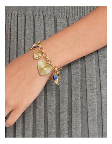 Gold Steel & Crystals & Blue Glass Women's Charm Bracelet