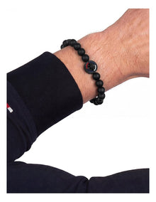 Black Steel & Black Onyx Bead & Black Elastic R Men's Bead Bracelet