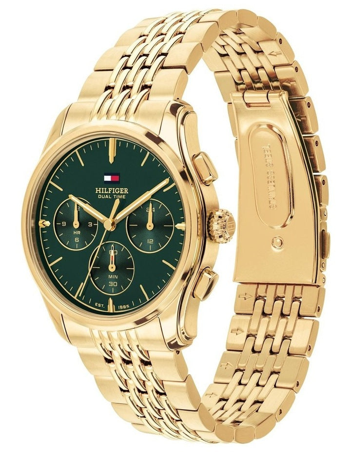 Gold Steel Emerald Green Dial Multi-function Men's Watch