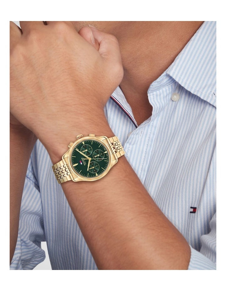 Gold Steel Emerald Green Dial Multi-function Men's Watch