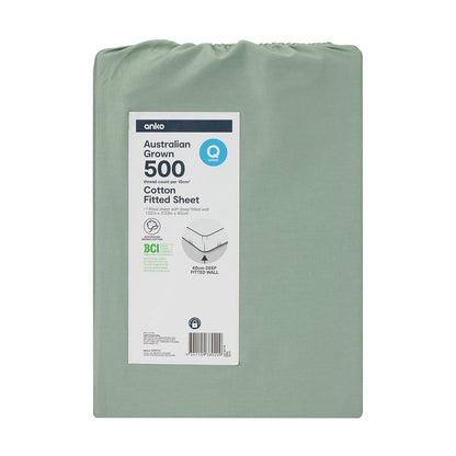 500 Thread Count Australian Grown Cotton Fitted Sheet - Queen Bed, Sage