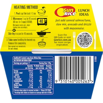 Sunrice Microwave White Long Grain Rice Cup 125g x 2 pack