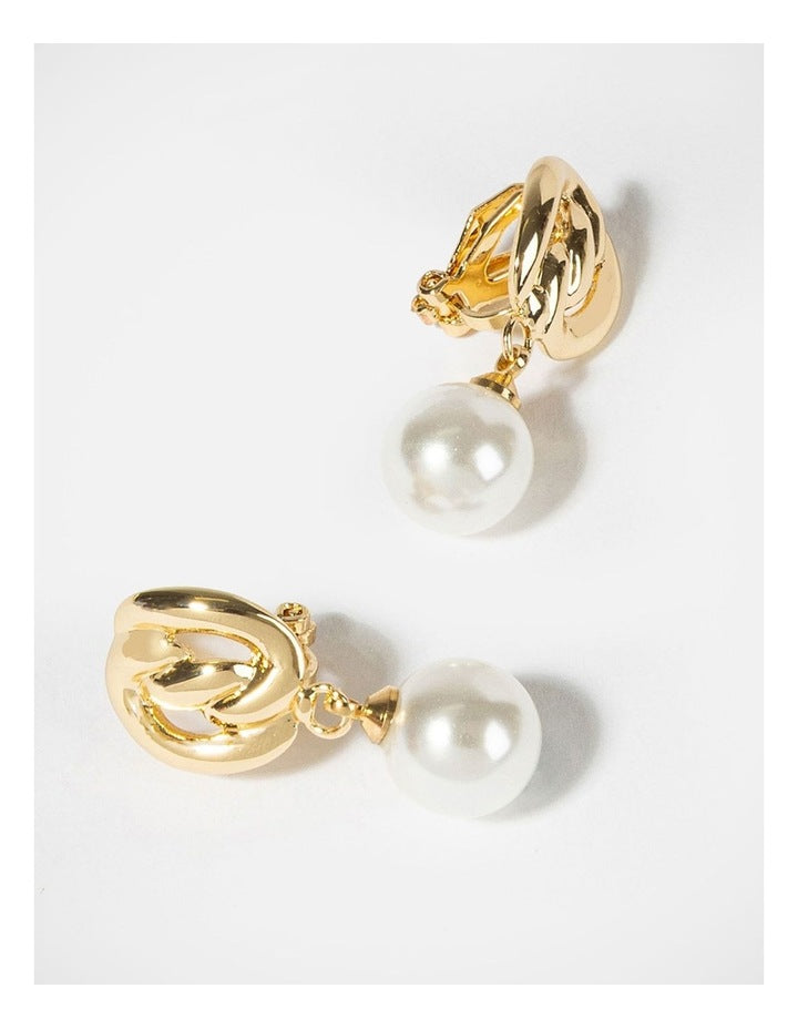 Barcs Swish Pearl Clip on Earrings in Gold