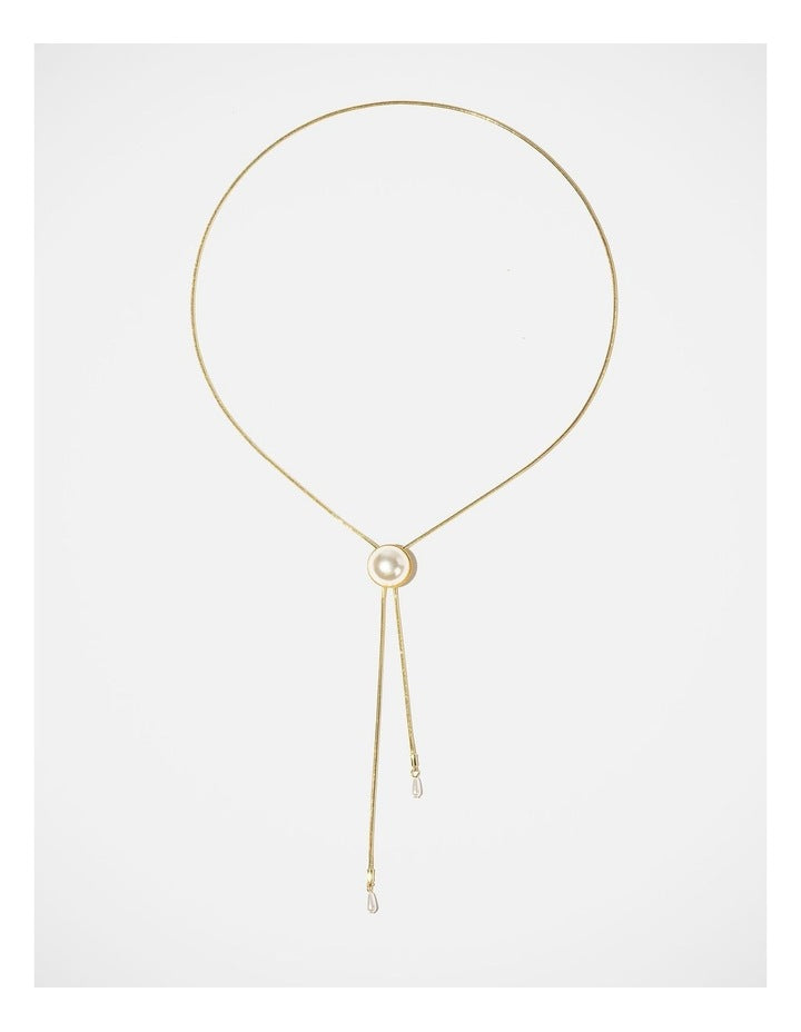 Barcs Pearl Button Lariat Necklace in Gold