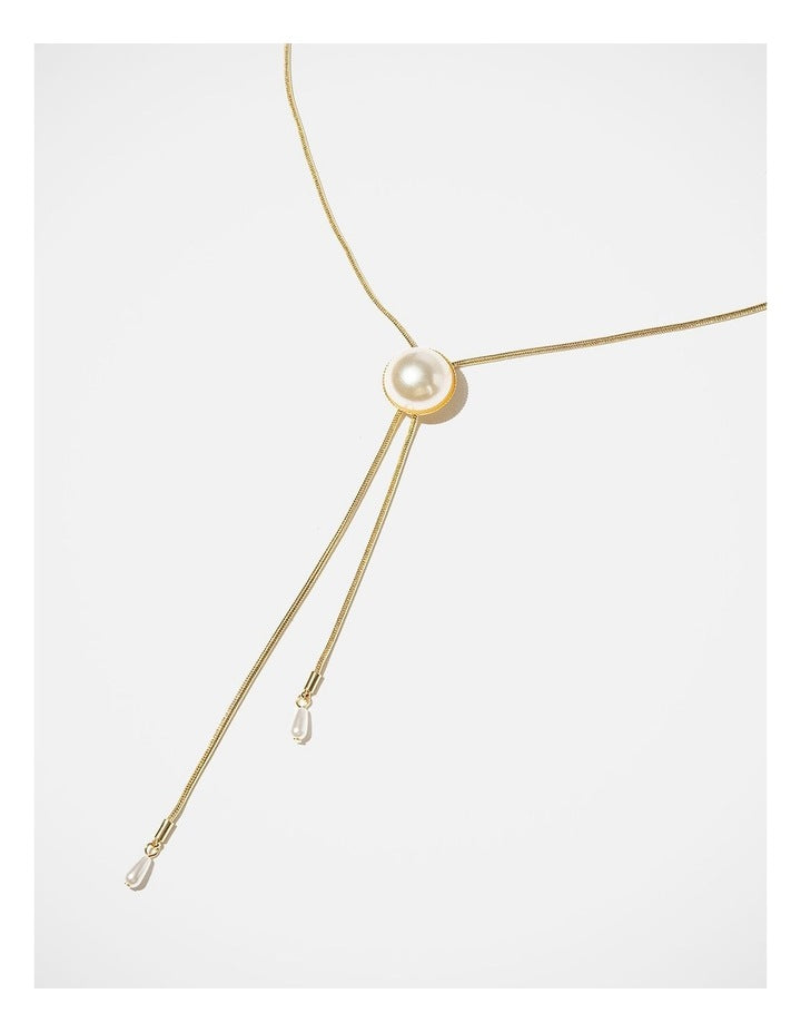 Barcs Pearl Button Lariat Necklace in Gold