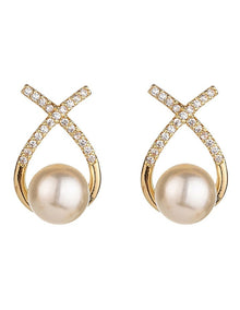 Gregory Ladner CZ Crossover Pearl Stud Earrings in Signature Box in Gold
