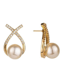 Gregory Ladner CZ Crossover Pearl Stud Earrings in Signature Box in Gold