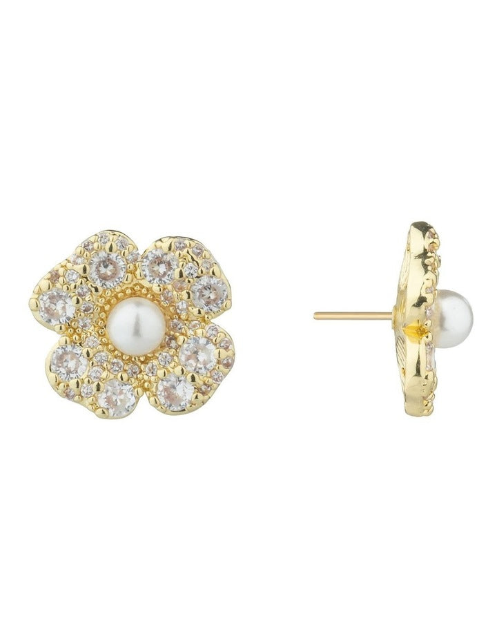Gregory Ladner Flower CZ Stud Earrings With Pearl Centre GJEF144M in Gold