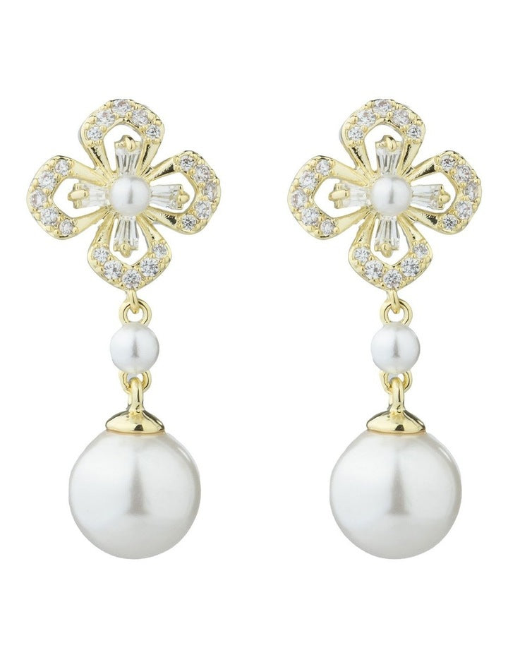 Gregory Ladner Floral CZ Earrings With Pearl Drop GJEF161M in Gold