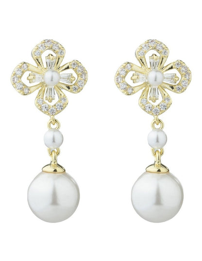 Gregory Ladner Floral CZ Earrings With Pearl Drop GJEF161M in Gold