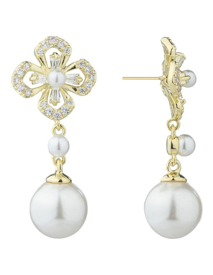 Gregory Ladner Floral CZ Earrings With Pearl Drop GJEF161M in Gold