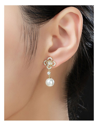 Gregory Ladner Floral CZ Earrings With Pearl Drop GJEF161M in Gold