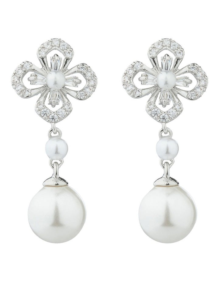 Gregory Ladner Floral CZ Earrings With Pearl Drop GJEF161M in Rhodium