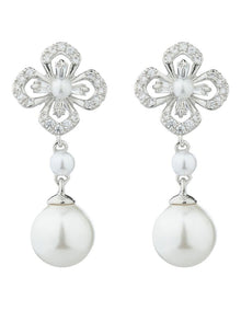 Gregory Ladner Floral CZ Earrings With Pearl Drop GJEF161M in Rhodium