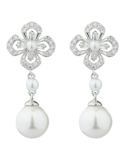 Gregory Ladner Floral CZ Earrings With Pearl Drop GJEF161M in Rhodium