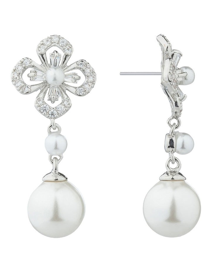 Gregory Ladner Floral CZ Earrings With Pearl Drop GJEF161M in Rhodium