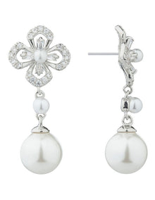 Gregory Ladner Floral CZ Earrings With Pearl Drop GJEF161M in Rhodium