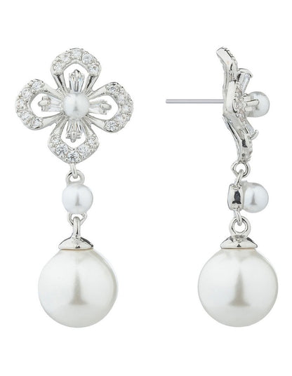 Gregory Ladner Floral CZ Earrings With Pearl Drop GJEF161M in Rhodium