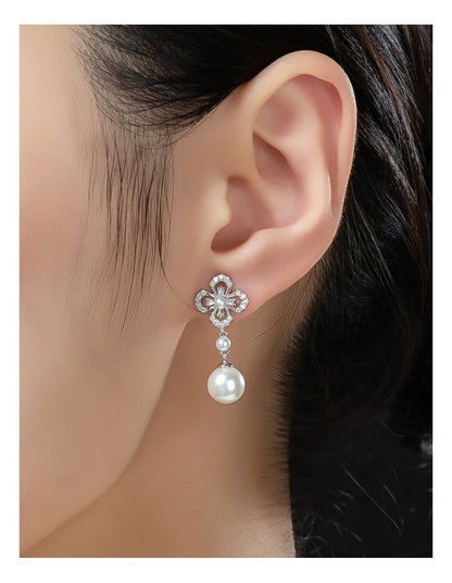 Gregory Ladner Floral CZ Earrings With Pearl Drop GJEF161M in Rhodium