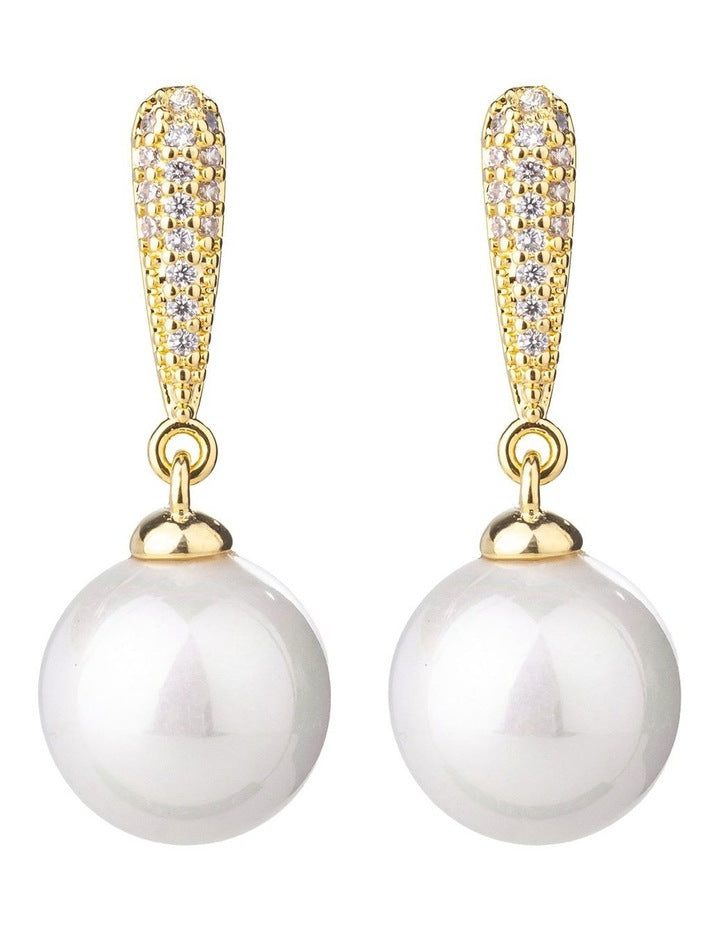 Gregory Ladner Pearl Drop Earrings With CZ Arm GJEF166M in Gold