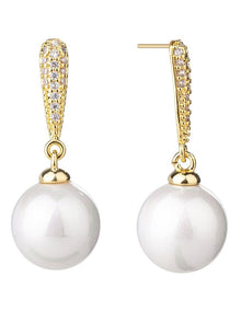 Gregory Ladner Pearl Drop Earrings With CZ Arm GJEF166M in Gold
