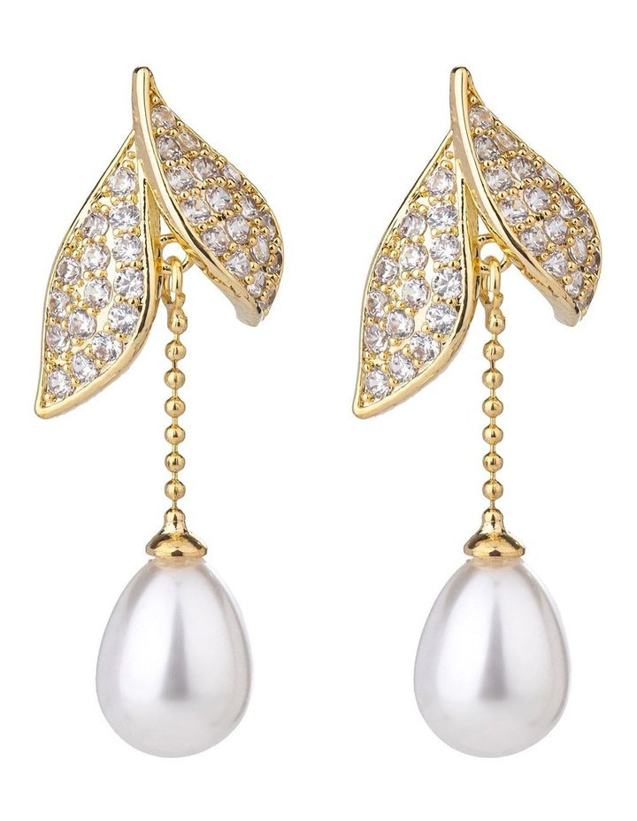 Gregory Ladner CZ Leaf Earring With Pearl Drop GJEF168M in Gold