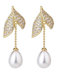 Gregory Ladner CZ Leaf Earring With Pearl Drop GJEF168M in Gold