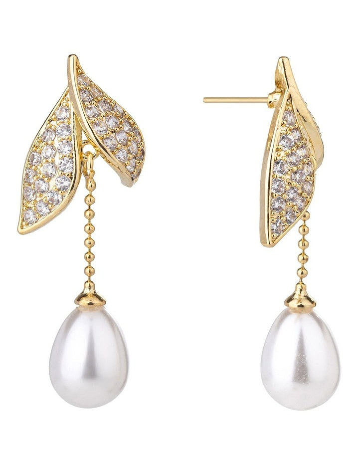 Gregory Ladner CZ Leaf Earring With Pearl Drop GJEF168M in Gold
