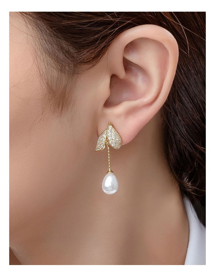 Gregory Ladner CZ Leaf Earring With Pearl Drop GJEF168M in Gold