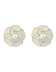 Gregory Ladner Enamel Flower Stud Earrings With CZ And Pearl GJEF170M in Gold