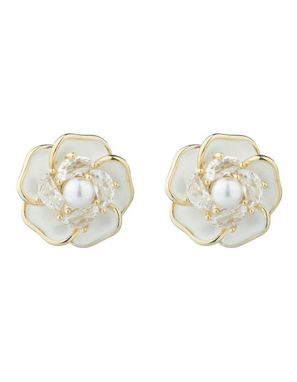 Gregory Ladner Enamel Flower Stud Earrings With CZ And Pearl GJEF170M in Gold