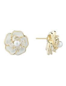 Gregory Ladner Enamel Flower Stud Earrings With CZ And Pearl GJEF170M in Gold