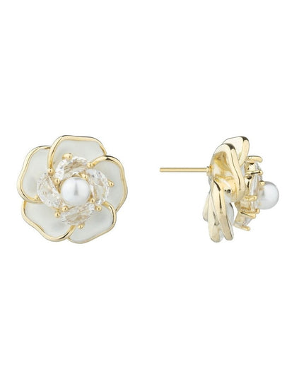 Gregory Ladner Enamel Flower Stud Earrings With CZ And Pearl GJEF170M in Gold