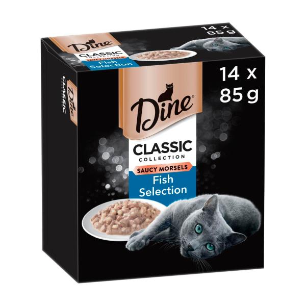 DINE WET CAT FOOD FISH SELECTION IN SAUCE 14X85G TRAYS