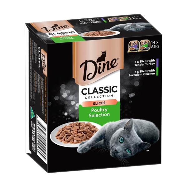 DINE WET CAT FOOD POULTRY SELECTION SLICES 14X85G TRAYS