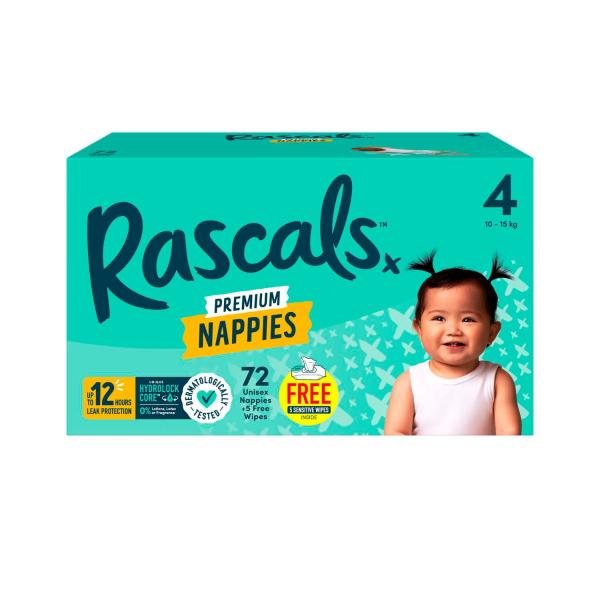 RASCALS PREMIUM NAPPIES SIZE 4 (10-15KG) 72 PACK