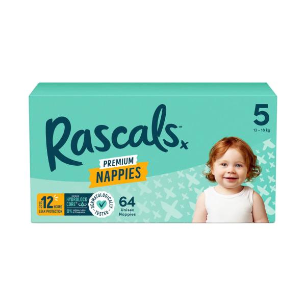 RASCALS PREMIUM NAPPIES SIZE 5 (13-18KG) 64 PACK