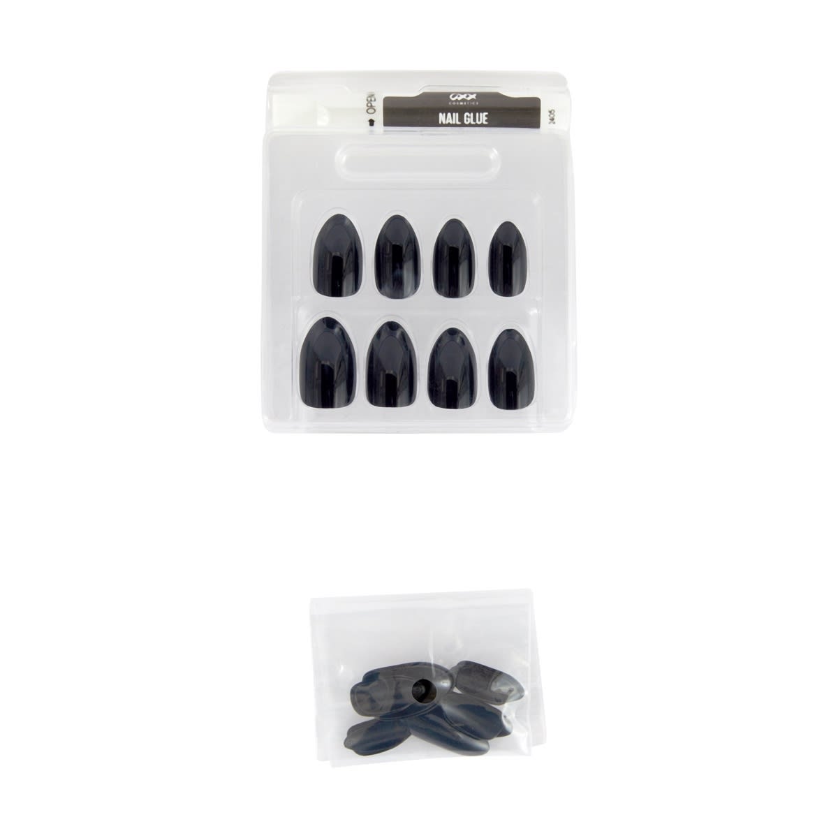 OXX Cosmetics 24 Pack Artificial Nails with Adhesive - Almond Shape, Black