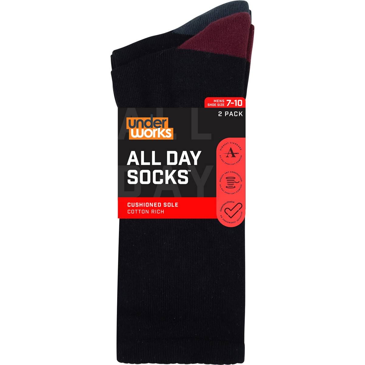 Underworks Mens All Day Cushion Foot Socks Black Size 7-10 Assorted 2 Pack