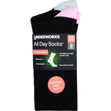 Underworks Womens All Day Cushion Foot Socks Black Size 5-8 2 pack
