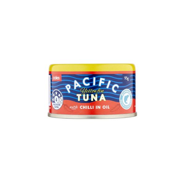 COLES YELLOWFIN TUNA CHUNKS WITH CHILLI IN OIL 95G