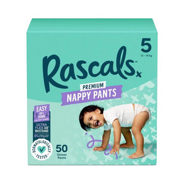 RASCALS PREMIUM NAPPY PANTS SIZE 5 (13-18KG) 50 PACK