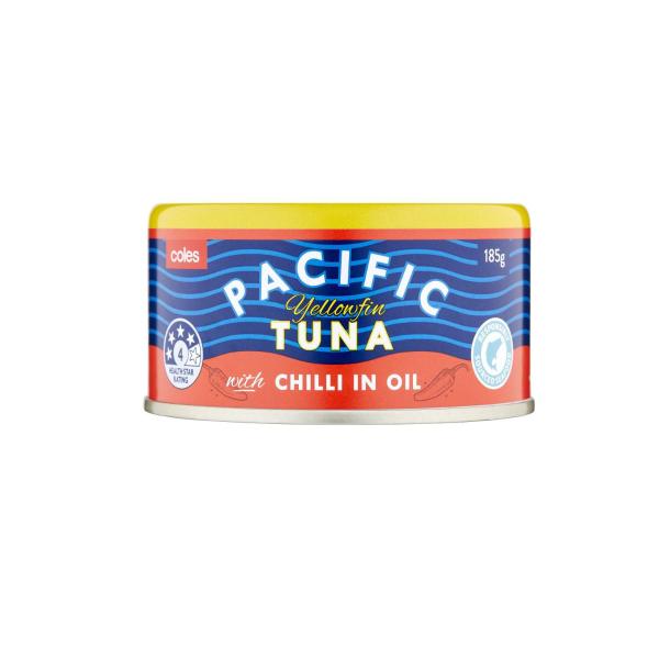 COLES YELLOWFIN TUNA CHUNKS WITH CHILLI IN OIL 185G