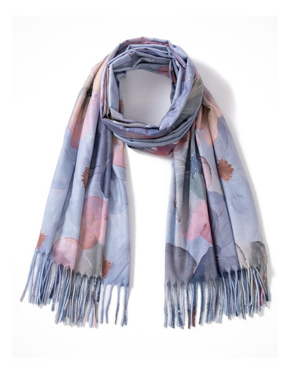Gregory Ladner Floral Print Scarf With Fringe Gnkf010M In Sky Blue