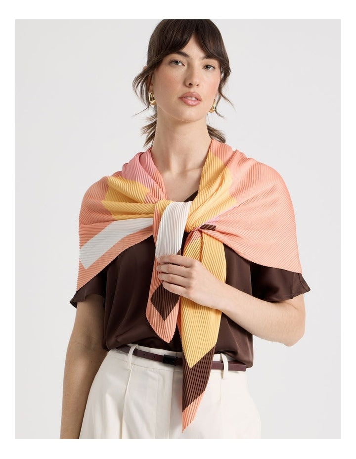 Pleated Scarf in Peach Geometric Print