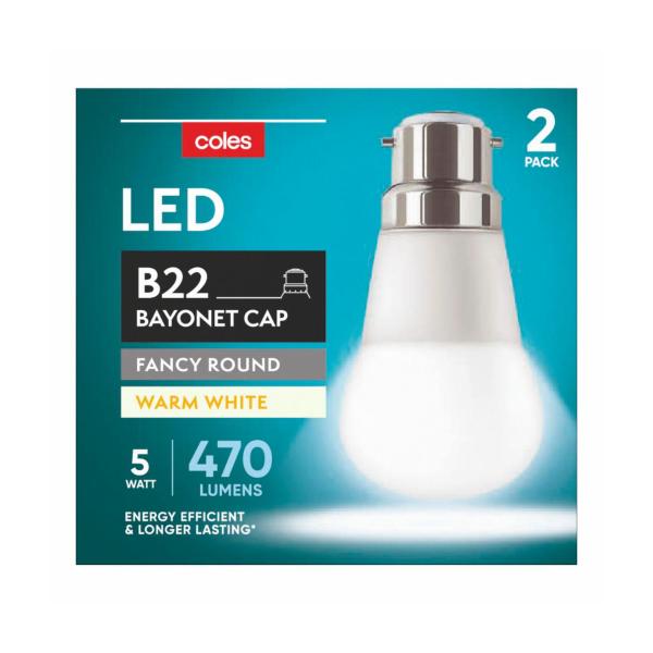COLES LIGHT GLOBES LED ROUND BC 5W 470LUM 2700K:2 PACK
