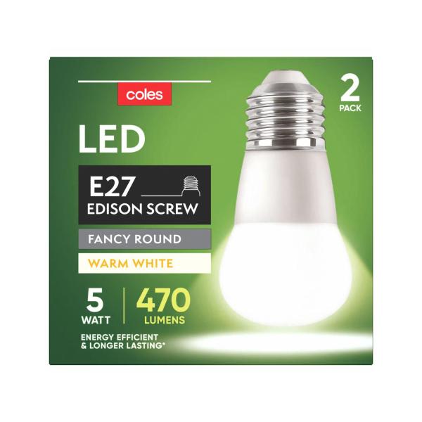 COLES LIGHT GLOBES LED ES 5W 470LUM 2700K:2 PACK