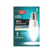 COLES LIGHT GLOBES LED CANDLE BC 5W 470LUM 2700K:2 PACK